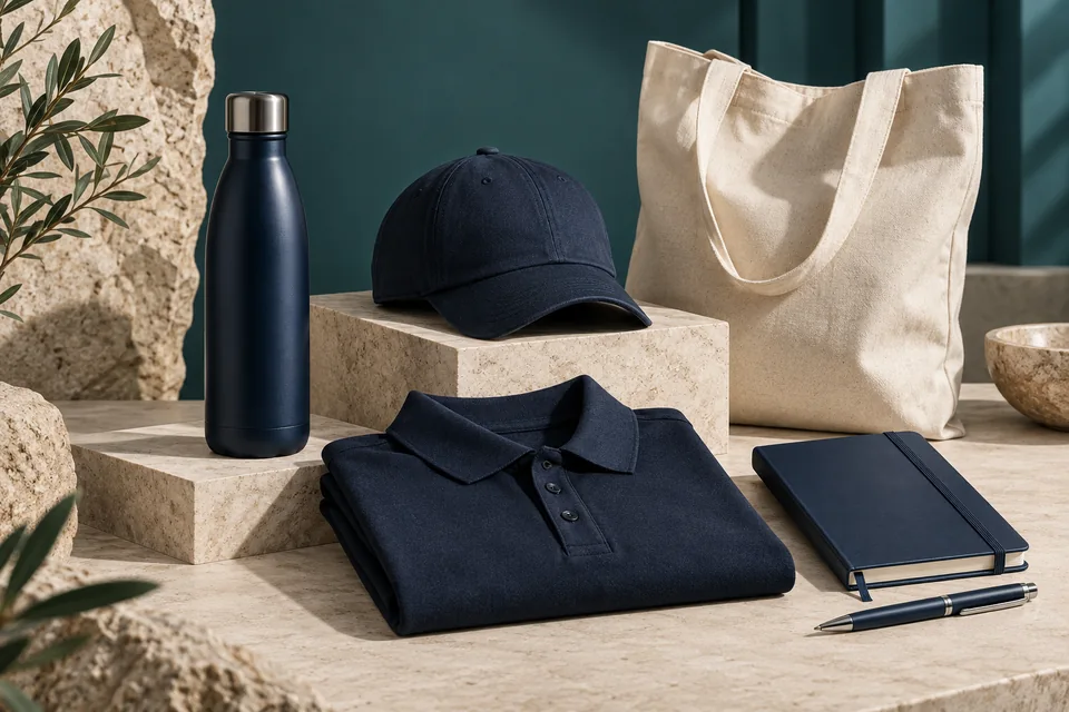 Illustrative navy apparel, reusable bottle and stationery