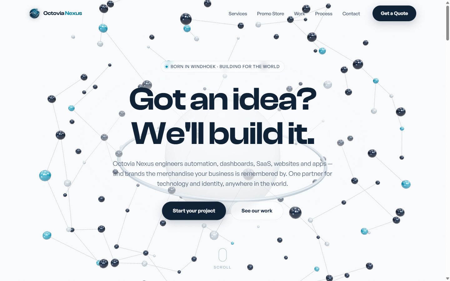 Octovia Nexus website with interactive 3D hero