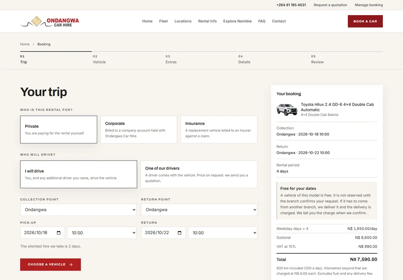Ondangwa Car Hire — online booking interface, in development