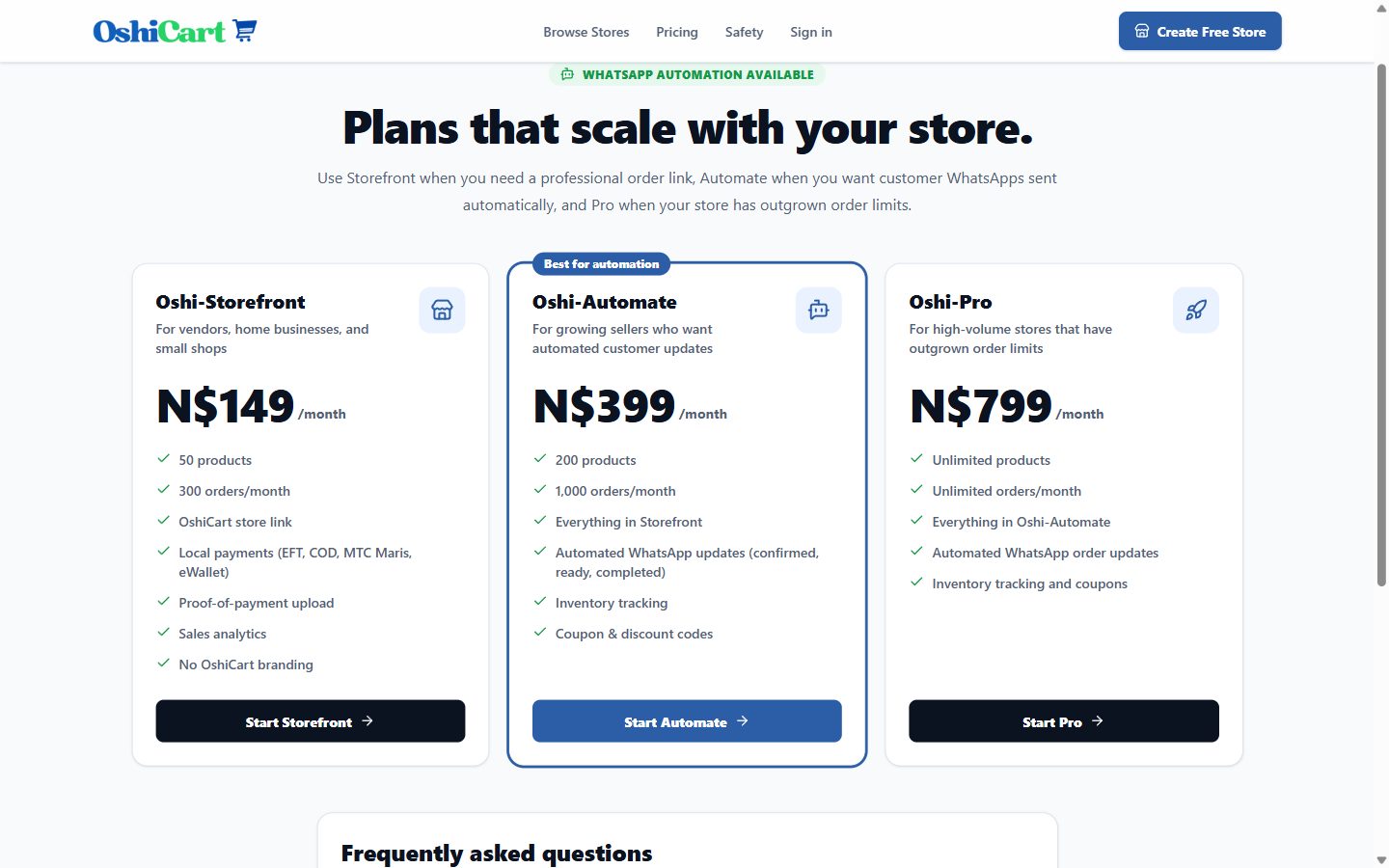 OshiCart pricing page