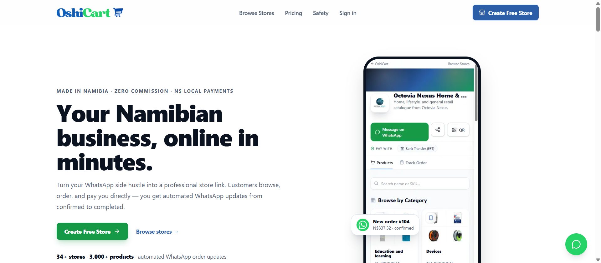 OshiCart homepage — Your Namibian business, online in minutes