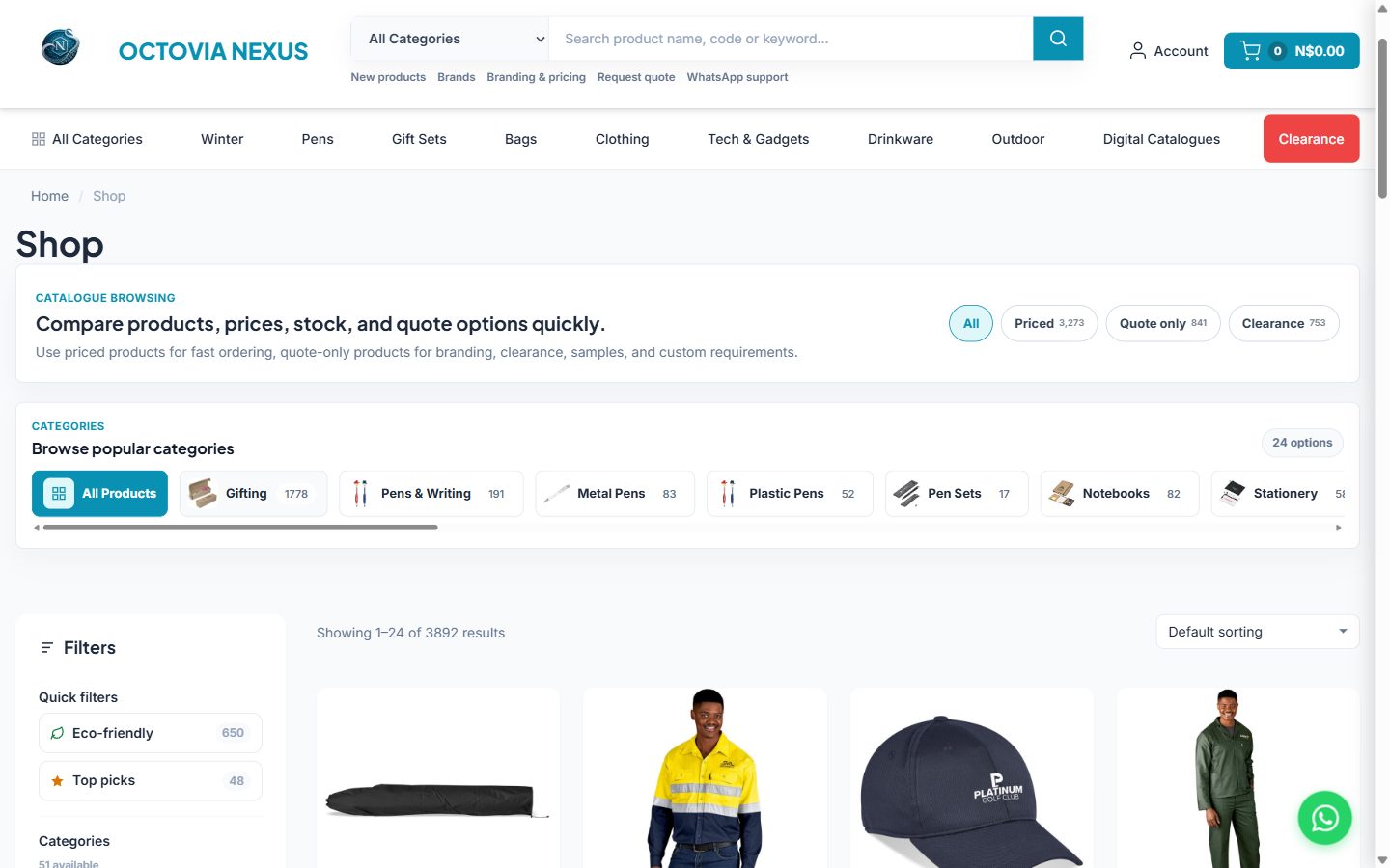 Octovia Nexus promo store catalogue with categories and live products