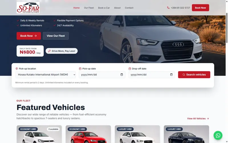 SoFar Car Hire booking website — fleet browsing